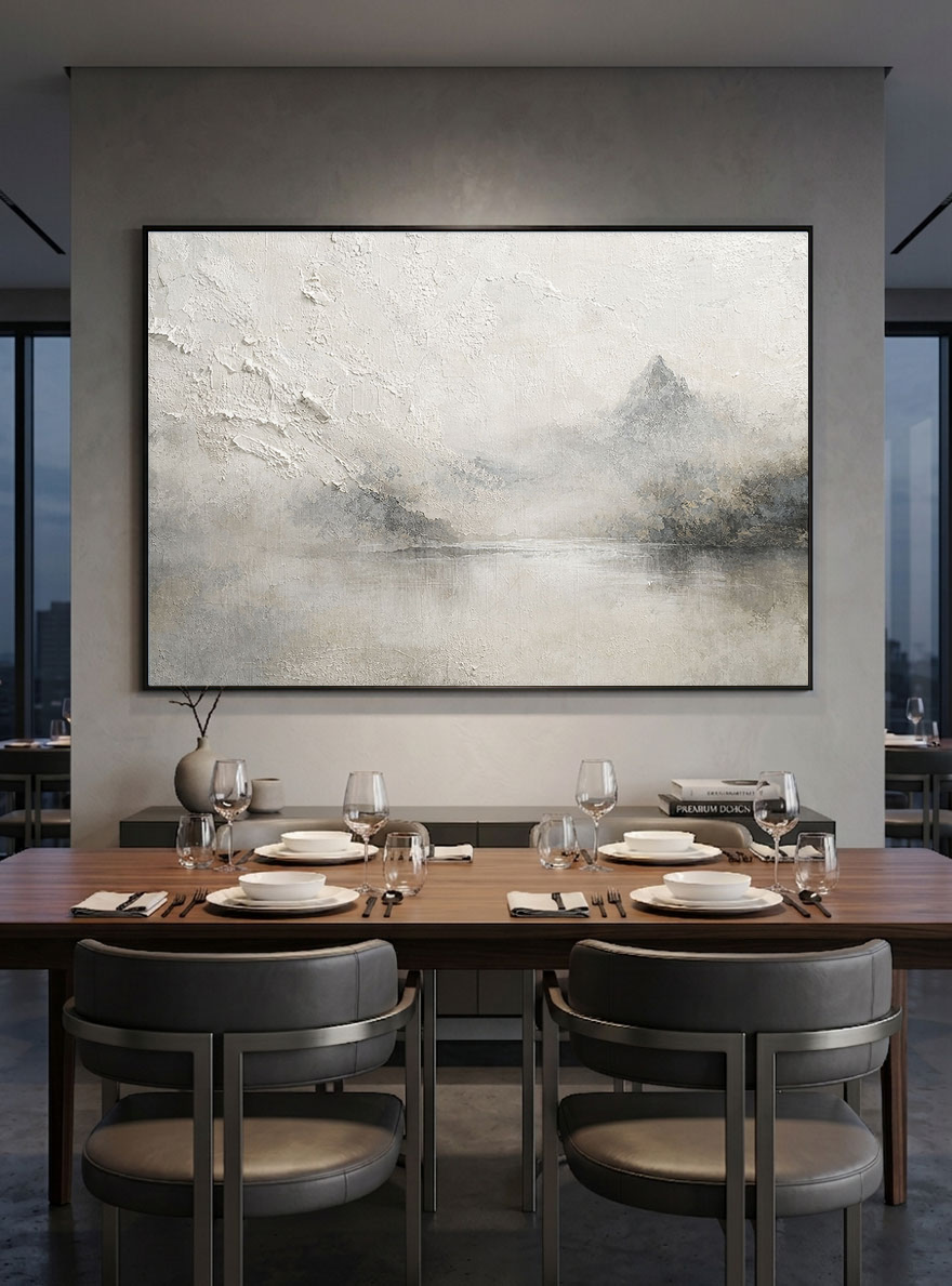 Minimalist Beige Bedroom Canvas Art - Textured Mountain Lake Painting