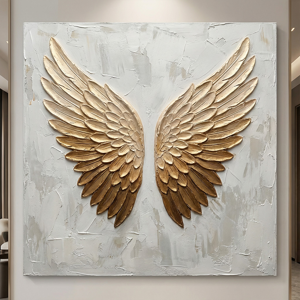 Luxury 3D Golden Angel Wings Textured Wall Art, Elegant Neutral White Beige Relief Artwork, Modern Stylish Home Decor Hanging Piece for Living Room Bedroom Office Hallway Dining Room, Sophisticated Accent Art