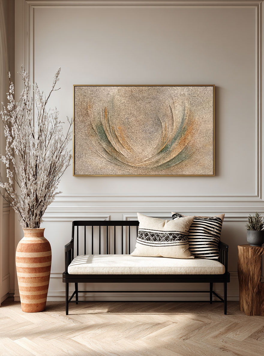 Minimalist Textured Abstract Curved Beige Green Brown Composition Framed Canvas Wall Art Modern Neutral Decor Piece Soft Organic Shape Design for Home and Office