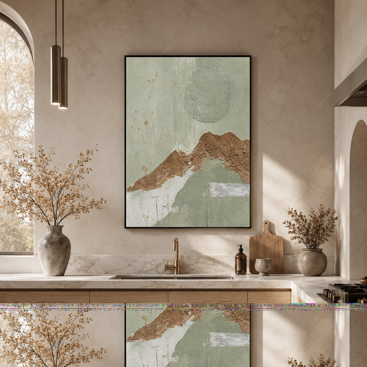 Sage Green Terracotta Abstract Textured Mixed Media Vertical Wall Art for Dining Room Living Room