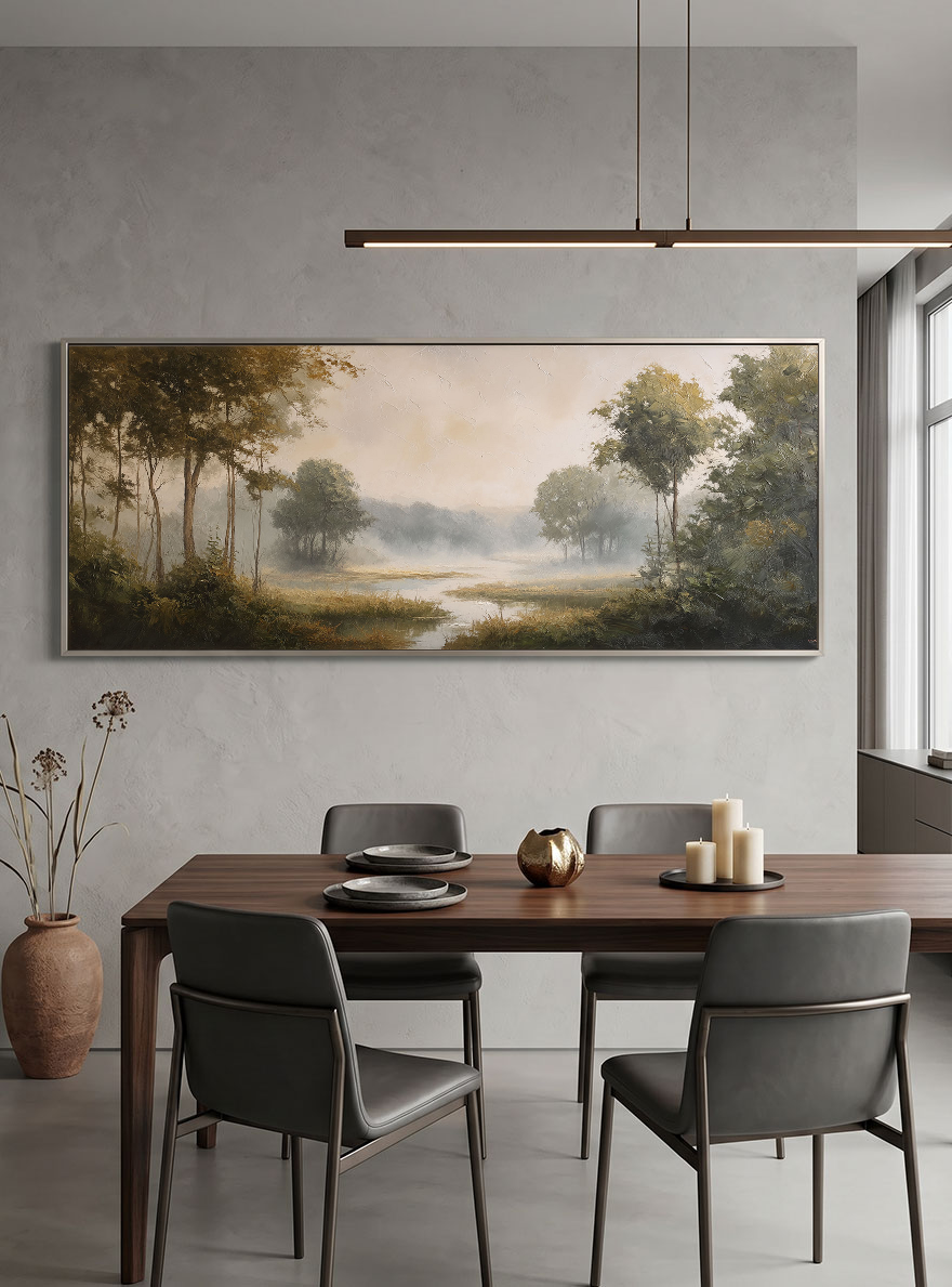 Vintage Misty Forest River Landscape Painting - Hand-Painted Canvas Art