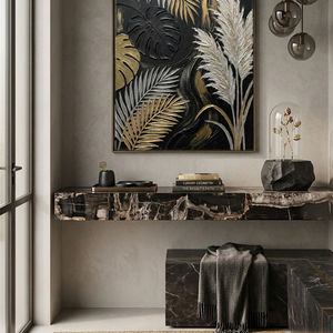 Black Gold White Beige Monstera Palm Pampas Grass Textured 3D Botanical Wall Art for Modern Luxury Home Living Room Bedroom Dining Room Office Hallway Decor