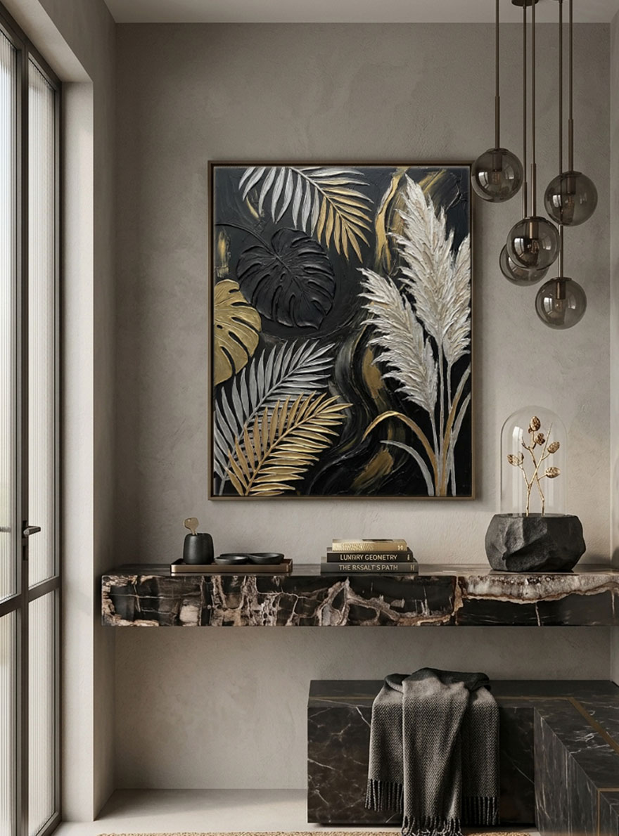 Black Gold White Beige Monstera Palm Pampas Grass Textured 3D Botanical Wall Art for Modern Luxury Home Living Room Bedroom Dining Room Office Hallway Decor