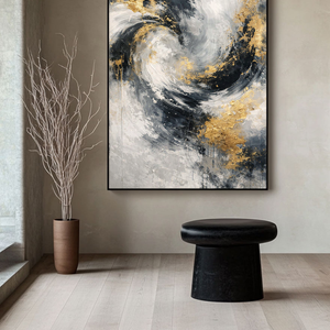 Luxury Black White Gold & Light Grey Abstract Textured Wall Art - Modern Swirling Metallic Impasto Canvas Artwork with Bold Knife/Brush Marks for Contemporary Home Decor, Office, Living Room, Bedroom, Dining Room & Hallway