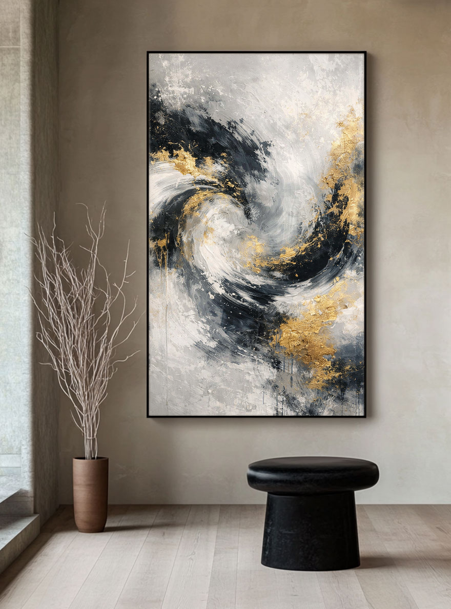 Luxury Black White Gold & Light Grey Abstract Textured Wall Art - Modern Swirling Metallic Impasto Canvas Artwork with Bold Knife/Brush Marks for Contemporary Home Decor, Office, Living Room, Bedroom, Dining Room & Hallway