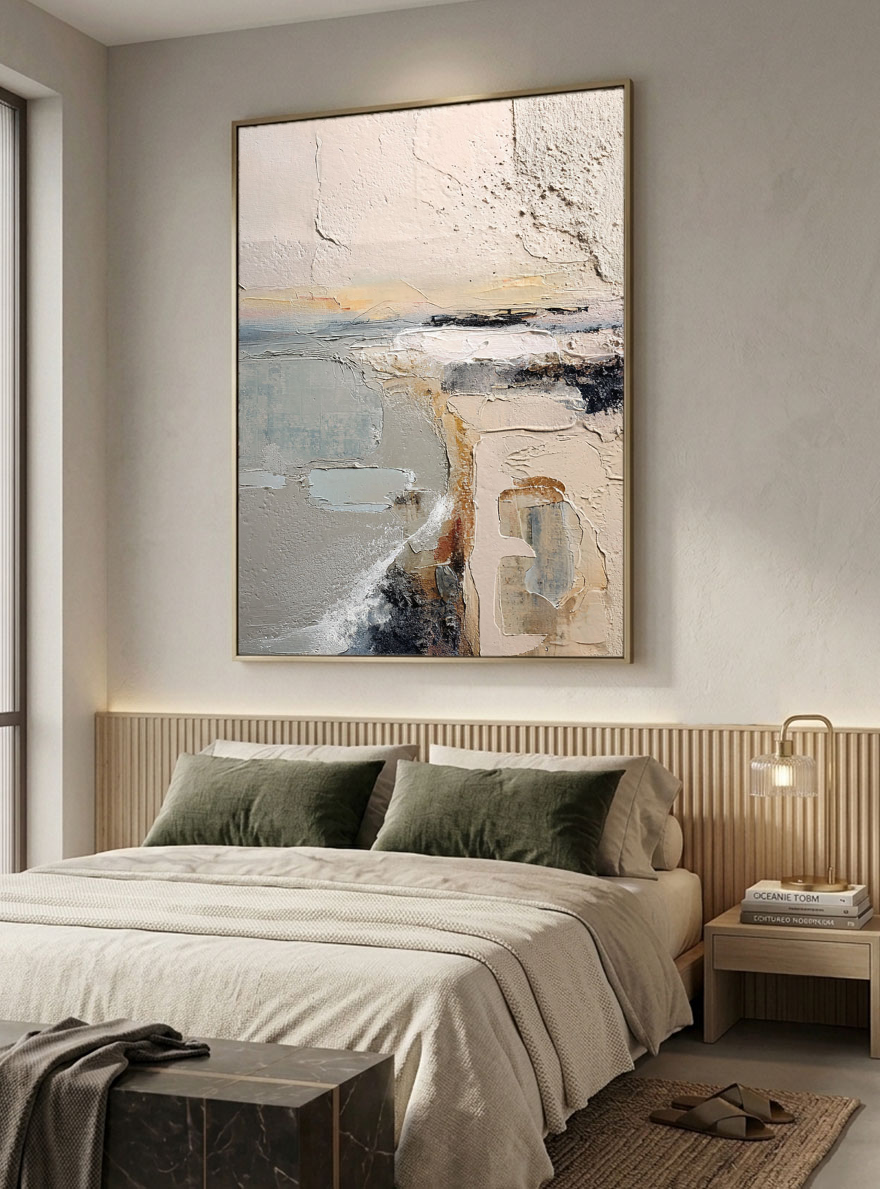 Abstract Neutral Landscape Textured Wall Art - Thick Knife Brush Stroke Minimalist Coastal Scene for Living Room Office Bedroom Dining Room Hallway