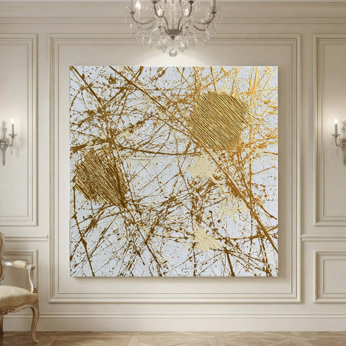 Elegant Gold and White Abstract Textured Wall Art - Modern Minimalist Impasto Painting with Thick Knife Marks, Perfect for Contemporary Living Room, Bedroom, Dining Room, Hallway, Office Interior Design