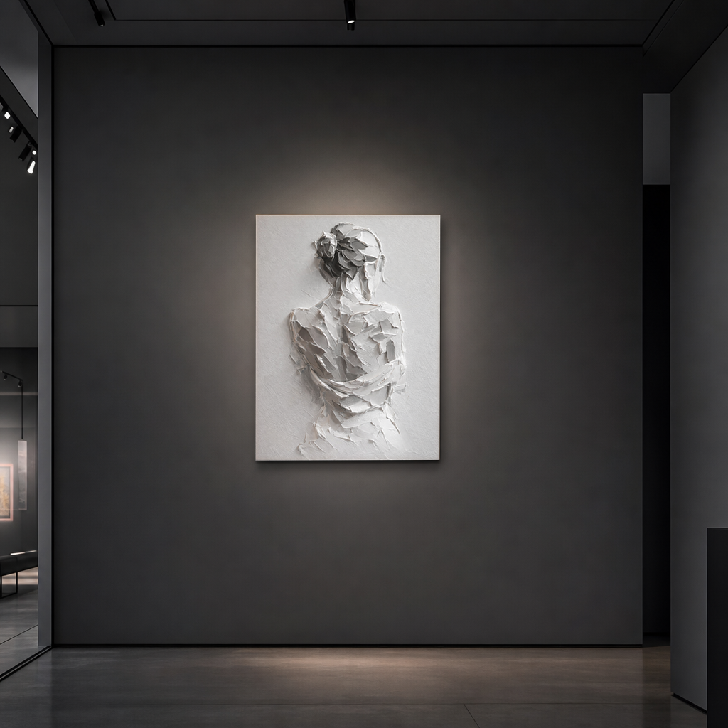 White Gray Textured Abstract Portrait Acrylic-style Vertical Wall Art for Bedroom