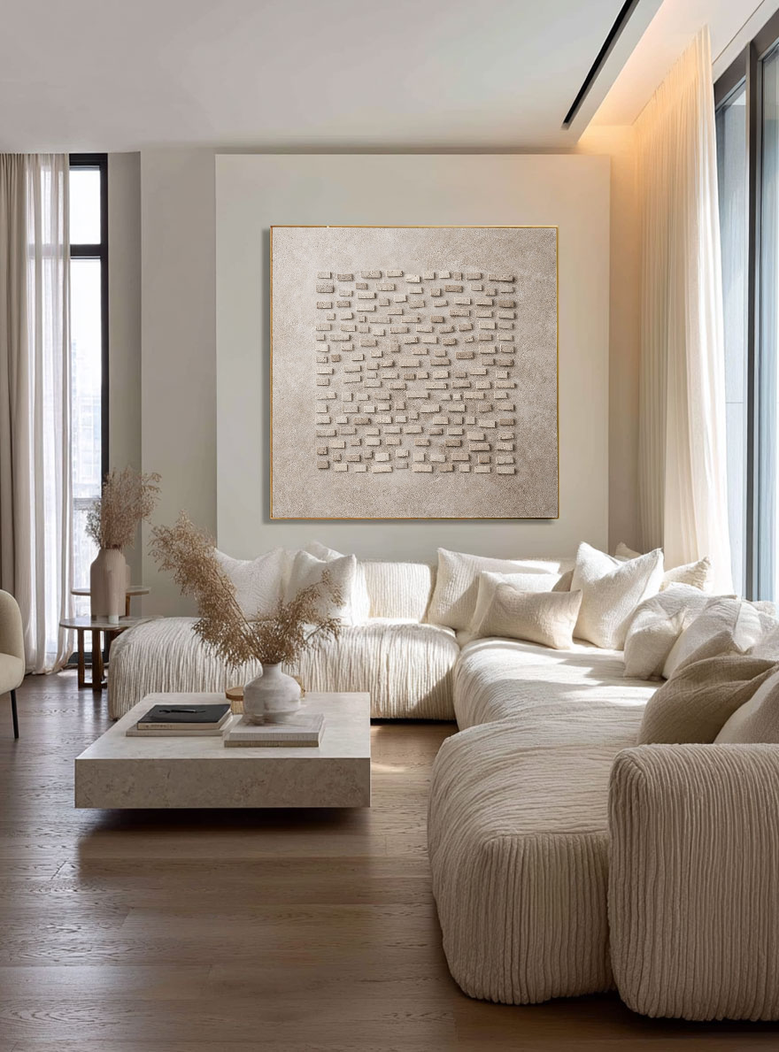 Minimalist Neutral Geometric 3D Relief Abstract Wall Art, Modern Textured Beige Light Grey Wabi Sabi Inspired Artwork for Contemporary Home Decor