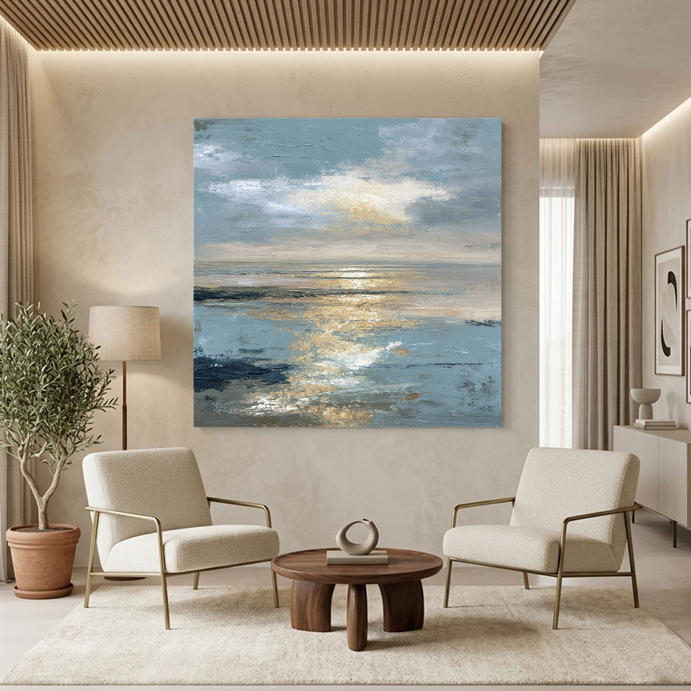 Abstract Textured Ocean and Sky Wall Art with Thick Impasto Brushstrokes, Serene Blue and Gold Seascape for Living Room Bedroom Dining Room Office Hallway, Vintage Coastal Landscape Artwork with Reflective Sunlight Waves