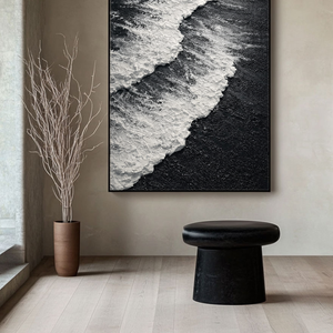 Black and White Textured Abstract Ocean Wave Coastal Minimalist Thick Paint Impasto Wall Art for Modern Living Room Bedroom Dining Room Office Hallway Decor