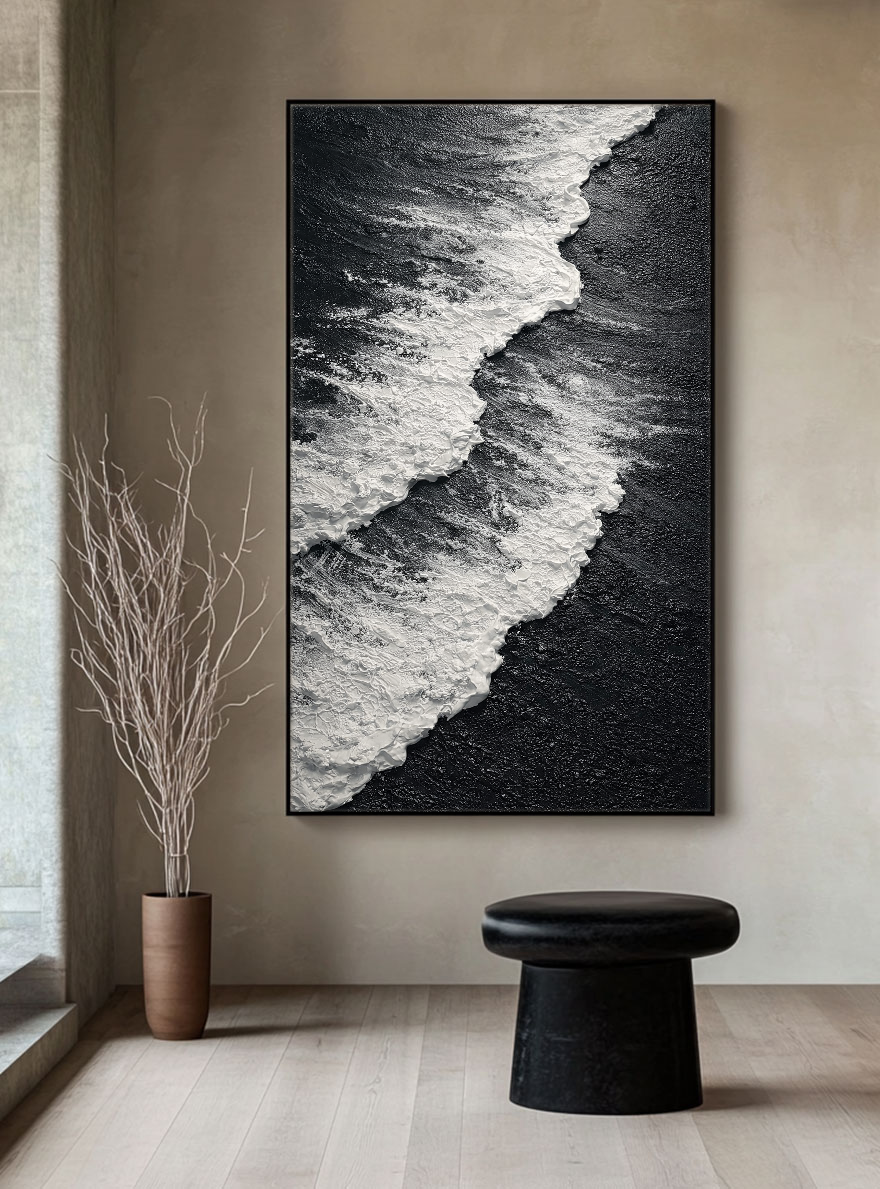 Black and White Textured Abstract Ocean Wave Coastal Minimalist Thick Paint Impasto Wall Art for Modern Living Room Bedroom Dining Room Office Hallway Decor