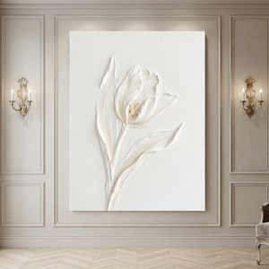 White and Subtle Beige Minimalist Plaster-style Textured Flower Vertical Wall Art for Living Room Bedroom