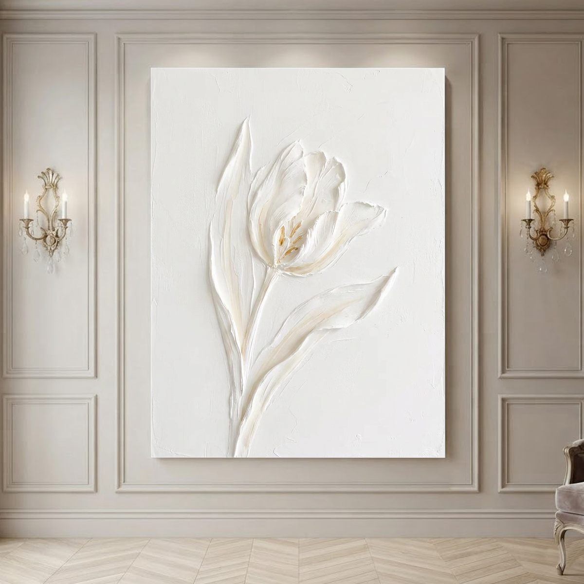 White and Subtle Beige Minimalist Plaster-style Textured Flower Vertical Wall Art for Living Room Bedroom