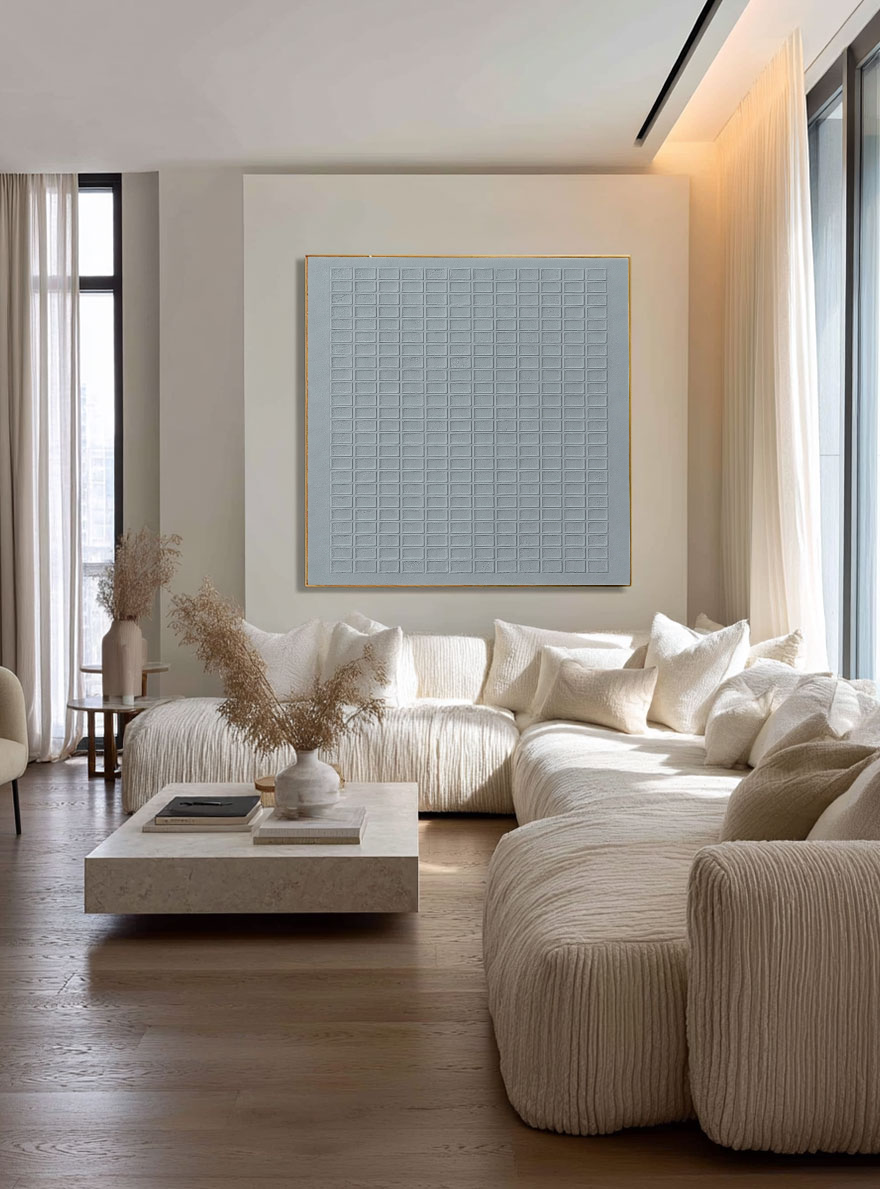 Minimalist Medium Grey Geometric Grid 3D Textured Abstract Wall Art for Living Room Office Bedroom Modern Neutral Home Decor