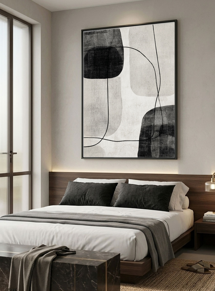 Black and White Minimalist Abstract Organic Shapes & Curved Lines Textured Canvas Wall Art for Modern Home Office Living Room Bedroom Dining Room Hallway Decor