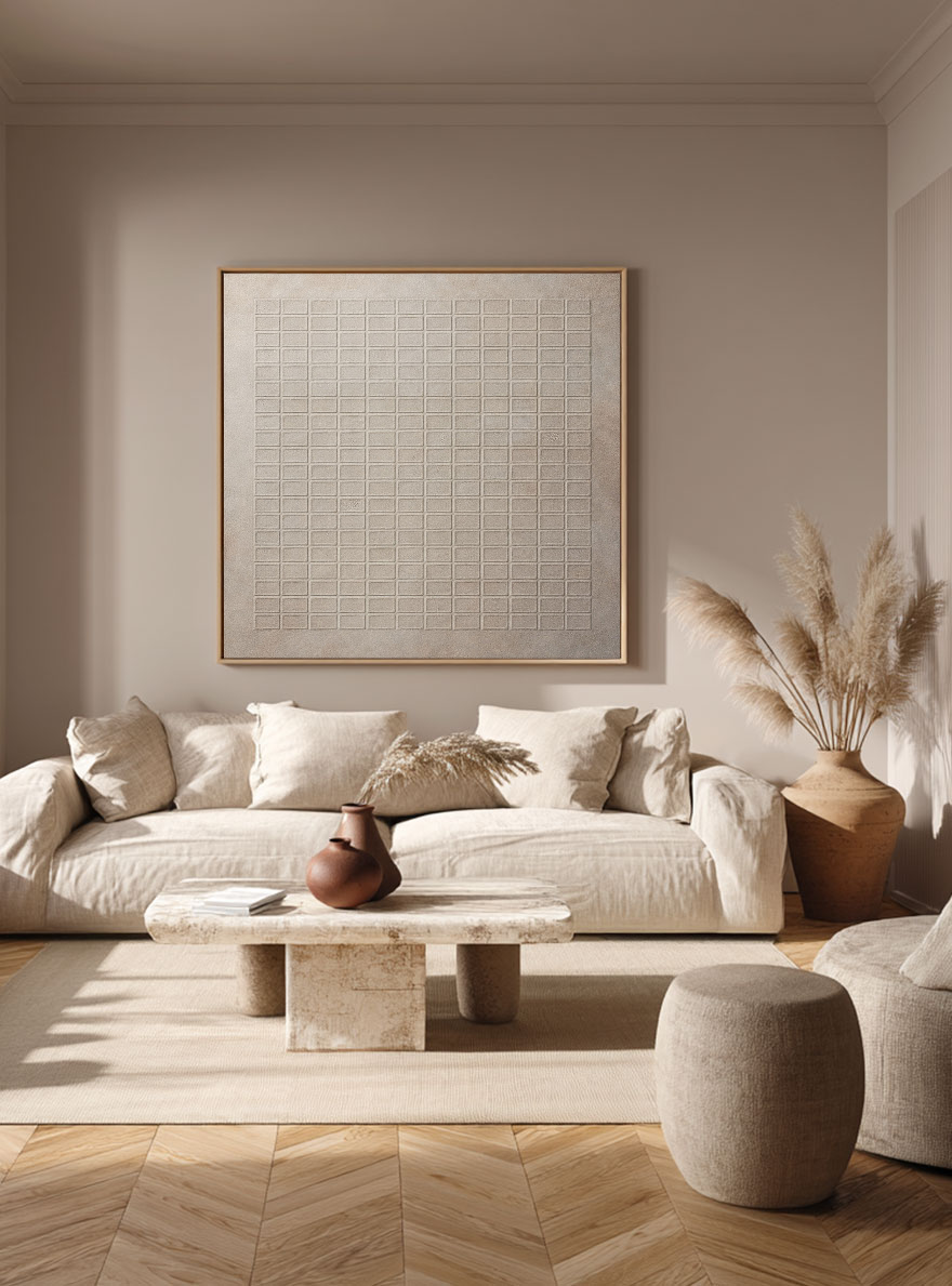 Minimalist Beige Grid Textured Abstract Wall Art Neutral Modern Decor for Contemporary Home Office Living Room Bedroom