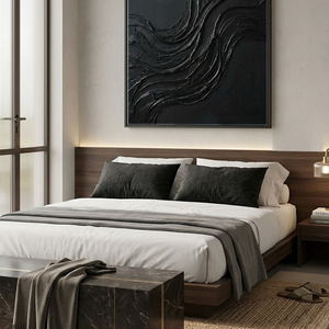 Black Abstract Wavy Textured Thick Impasto Wall Art Modern Dark 3D Brush Stroke Artwork Minimalist Monochrome Oil Painting for Living Room Bedroom Office Hallway Dining Room