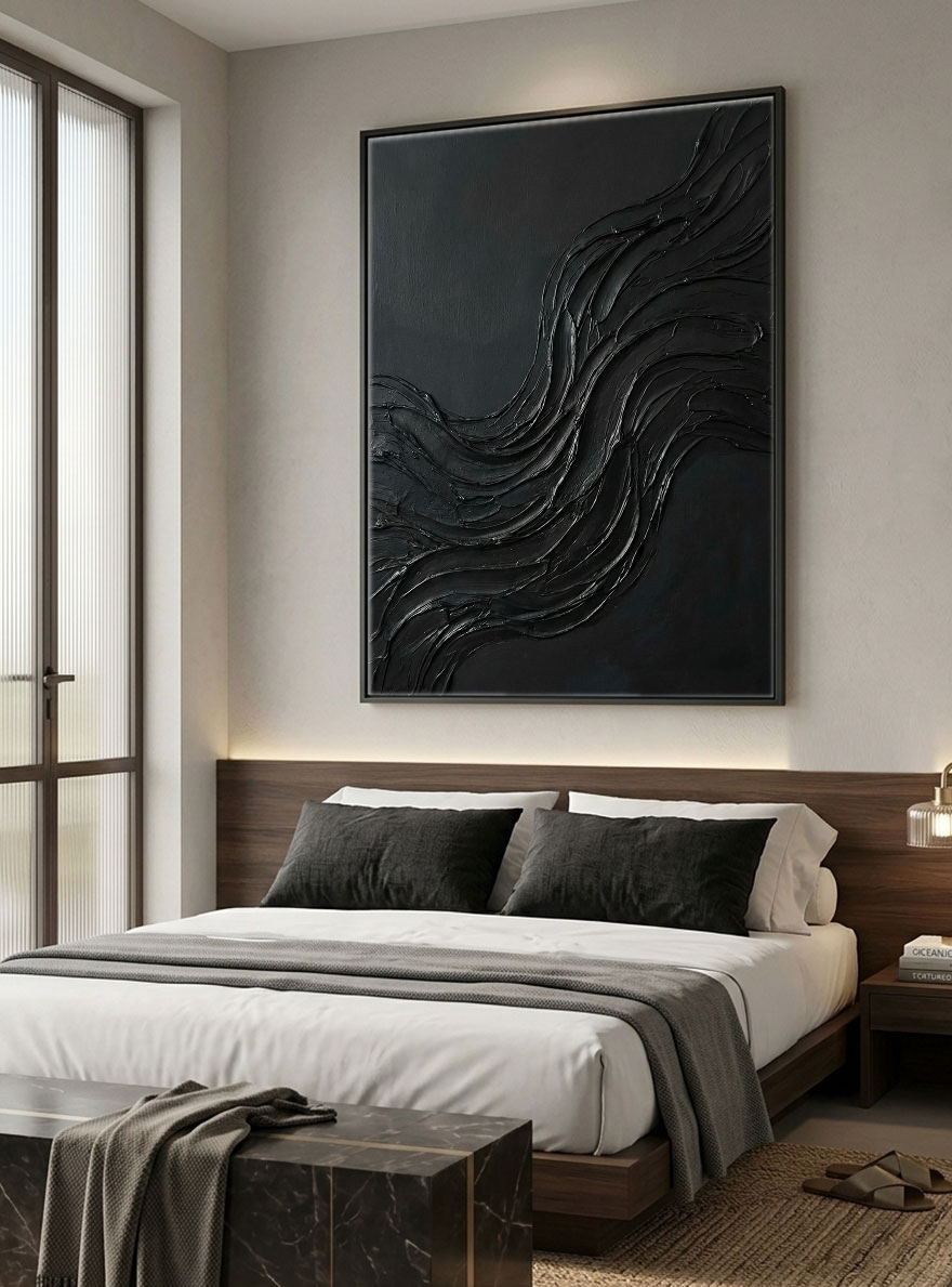 Black Abstract Wavy Textured Thick Impasto Wall Art Modern Dark 3D Brush Stroke Artwork Minimalist Monochrome Oil Painting for Living Room Bedroom Office Hallway Dining Room