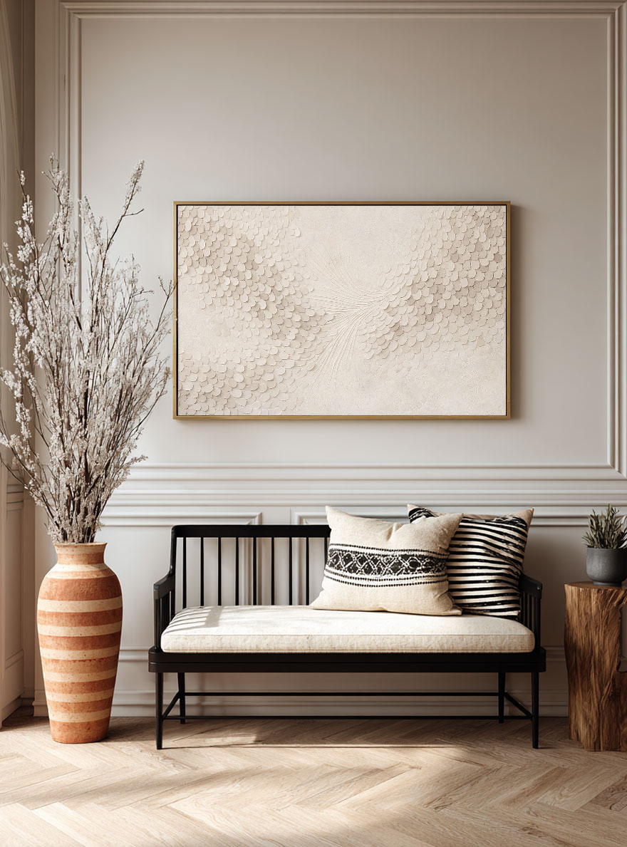 Minimalist Soft Beige & White Abstract Wall Art with Subtle Textured Scale-Like and Feather-Inspired Relief, Modern Neutral Decor Piece for Elegant Contemporary Home and Office Spaces, Enhancing Serene Atmosphere