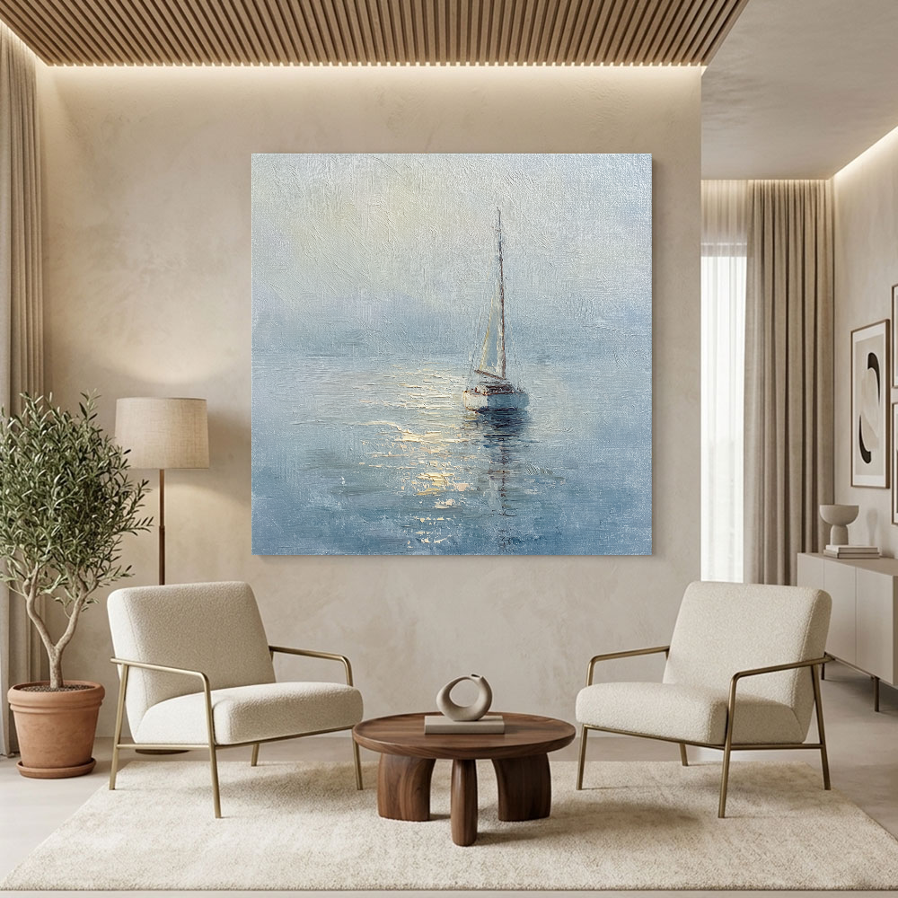 Serene Sailboat at Dawn Coastal Framed Impasto Wall Art, Soft Blue White Beige Gold Nautical Ocean Landscape Painting, Textured Calm Sea Decor for Home Living Room Bedroom Office Dining Room Hallway