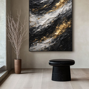 Modern Abstract Black White Gold Thick Impasto Textured Wall Art, Luxury Contemporary Dark Light Contrast Canvas Artwork, Minimalist Yet Glam Living Room Bedroom Office Dining Hallway Decor Painting