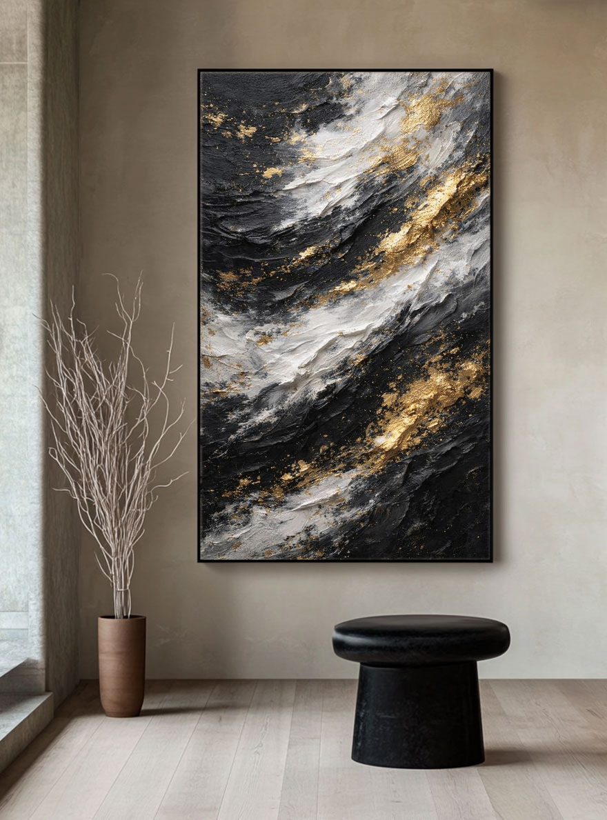 Modern Abstract Black White Gold Thick Impasto Textured Wall Art, Luxury Contemporary Dark Light Contrast Canvas Artwork, Minimalist Yet Glam Living Room Bedroom Office Dining Hallway Decor Painting