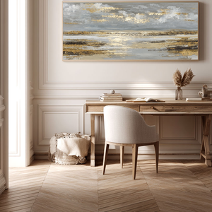 Elegant Abstract Grey and Gold Textured Ocean and Sky Landscape Framed Canvas Wall Art Modern Sophisticated Decor for Living Room Bedroom Office Hallway Dining Room Large Panoramic Artwork