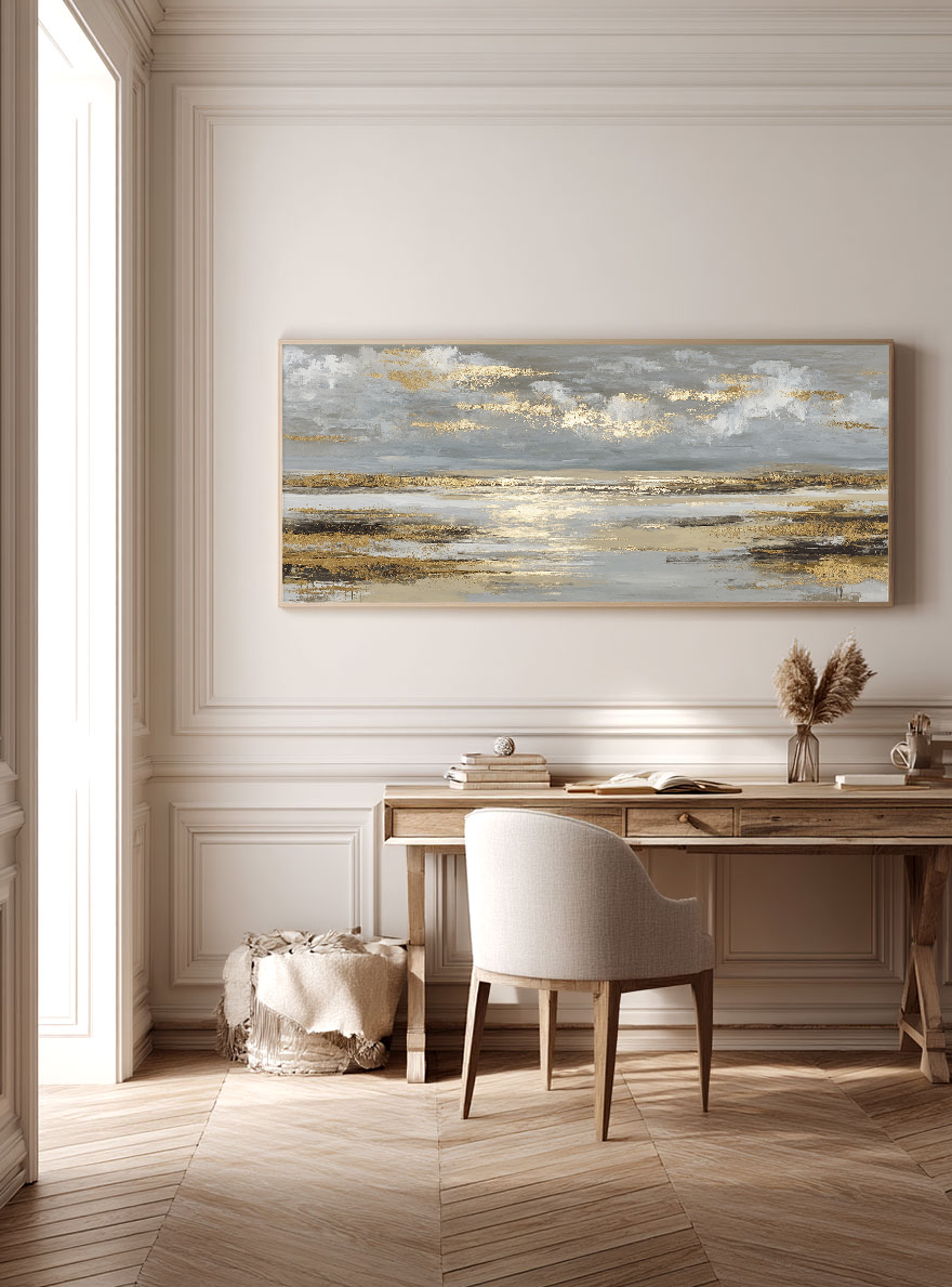 Elegant Abstract Grey and Gold Textured Ocean and Sky Landscape Framed Canvas Wall Art Modern Sophisticated Decor for Living Room Bedroom Office Hallway Dining Room Large Panoramic Artwork