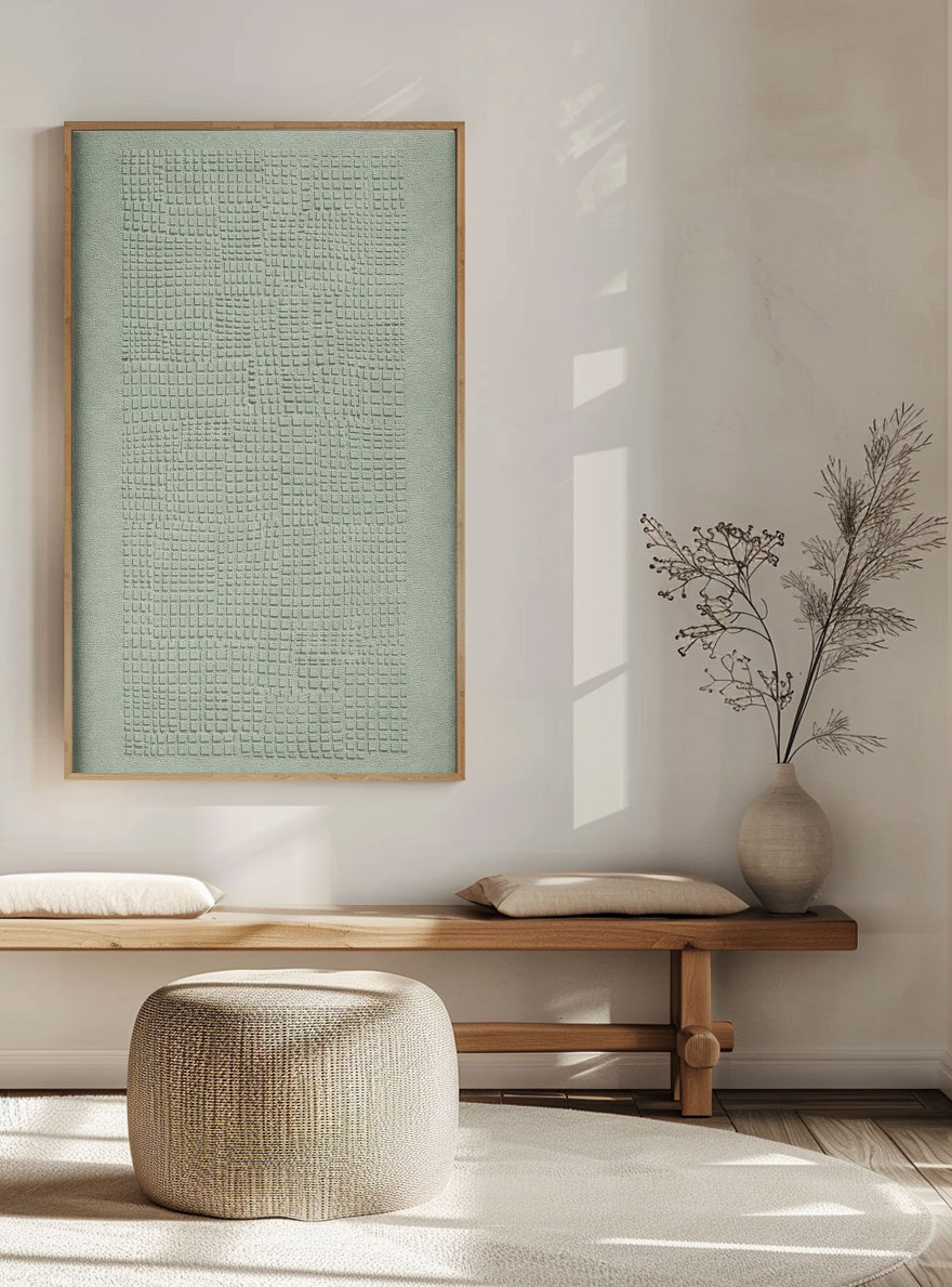 Minimalist Abstract Textured Plaster Wall Art Soft Muted Sage Green Geometric Grid Pattern Framed Modern Neutral Home Decor for Living Room Bedroom Office Dining Room Hallway
