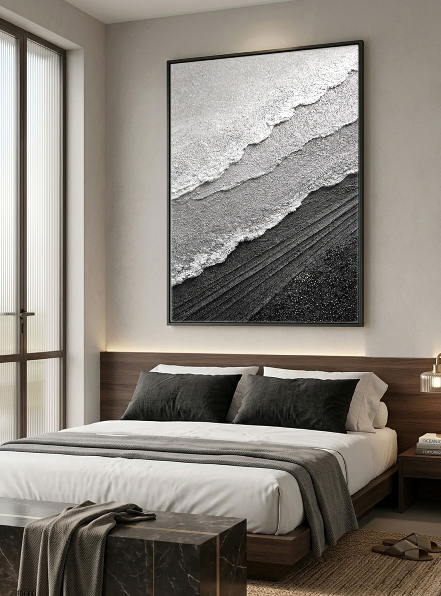 Black and White Abstract Textured Ocean Wave Wall Art Minimalist Monochrome Thick Knife Paint Coastal Scene Canvas Artwork for Modern Home Decor
