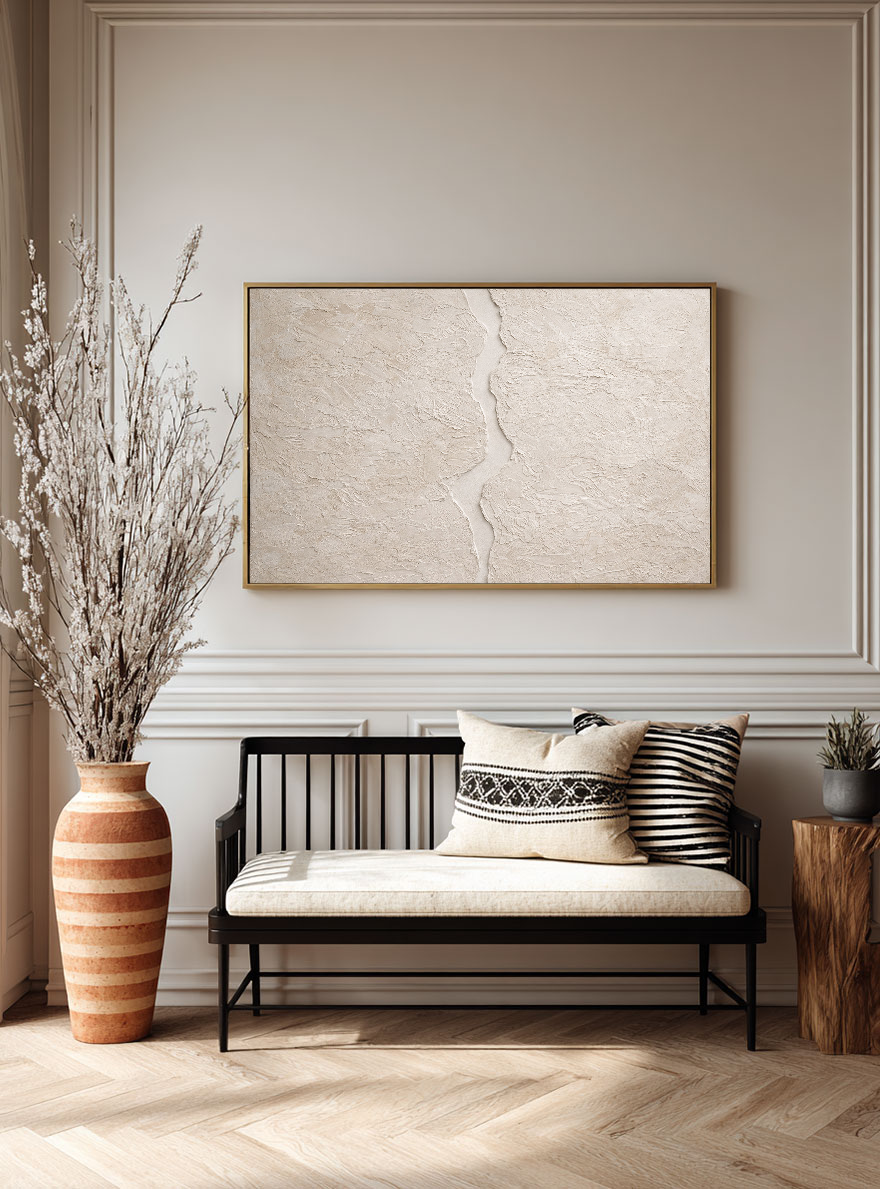 Minimalist Neutral Beige Abstract Textured Wall Art Handcrafted Plaster-Like Trowel Marks Asymmetrical Fissure Modern Wabi-Sabi-Inspired Canvas Decor for Living Room Bedroom Dining Room Hallway Office Soft Earthy Tones Calming Artwork