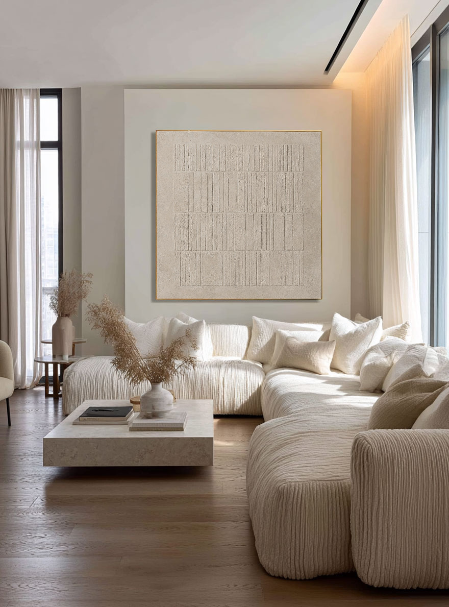 Minimalist Beige Geometric Line Textured Plaster Wall Art Abstract Neutral Tone Square Relief Artwork for Modern Living Room Bedroom Office Dining Room Hallway Wabi Sabi Inspired
