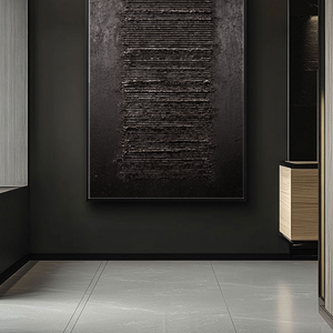 Minimalist Dark Abstract Geometric Textured Wall Art - Modern Monochrome Impasto Black Grey Vertical Line Artwork for Contemporary Living Room Office Bedroom Decor