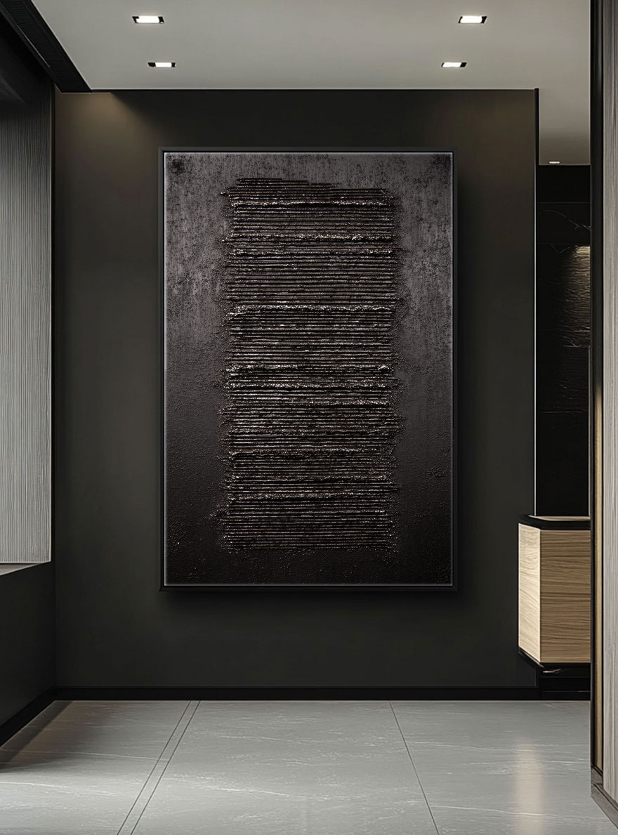Minimalist Dark Abstract Geometric Textured Wall Art - Modern Monochrome Impasto Black Grey Vertical Line Artwork for Contemporary Living Room Office Bedroom Decor
