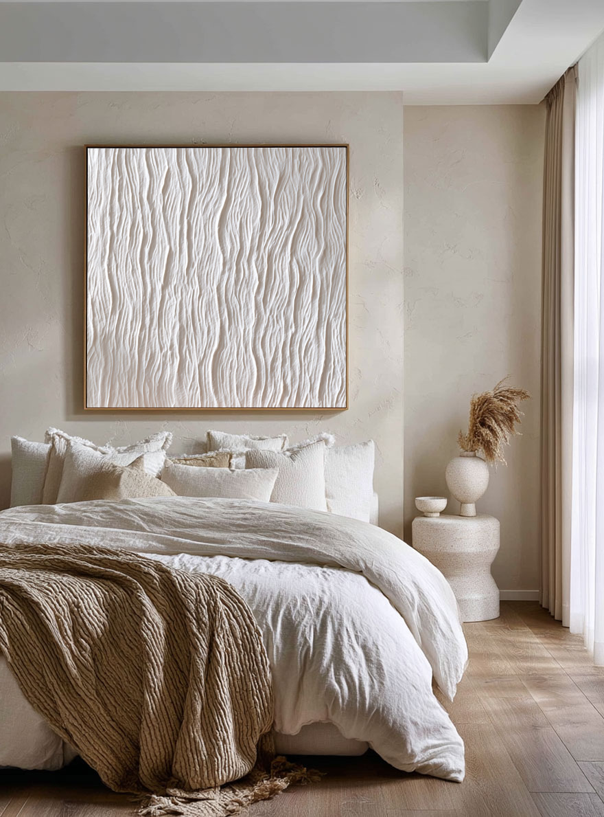 Minimalist White Organic Wavy Textured Abstract Plaster Wall Art Modern Neutral Framed Decor for Contemporary Living Room Bedroom Office Dining Room Hallway