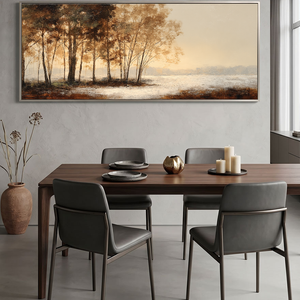 Beige Landscape Wall Art - Misty Forest and Quiet Lake Panoramic Painting