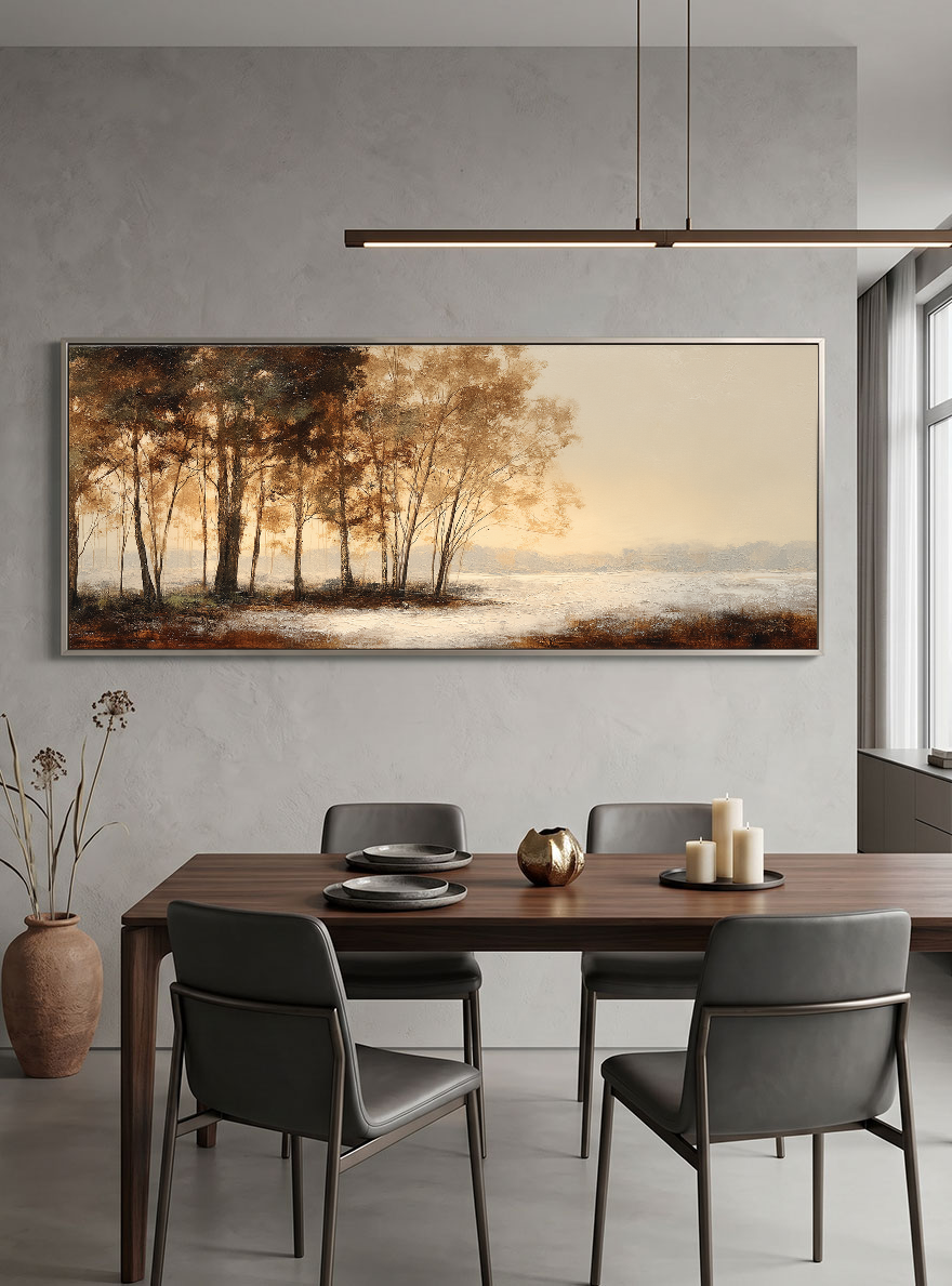 Beige Landscape Wall Art - Misty Forest and Quiet Lake Panoramic Painting