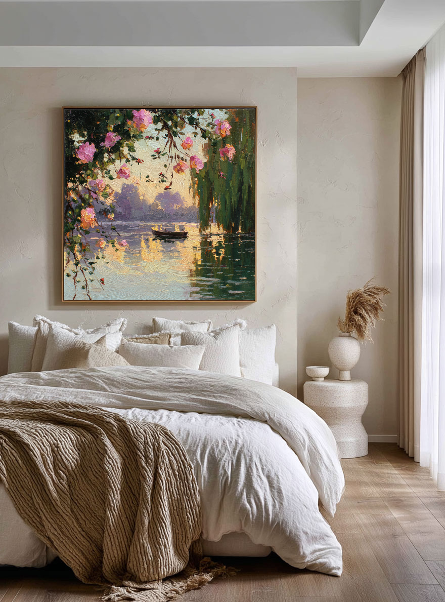 Textured Floral Wall Art | Impressionist Sunset Lake Hand-Painted Canvas