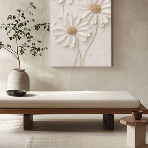 White Daisy 3D Textured Impasto Wall Art, Neutral Beige & White Floral Minimalist Artwork, Modern Farmhouse Plaster-Inspired Living Room Bedroom Decor