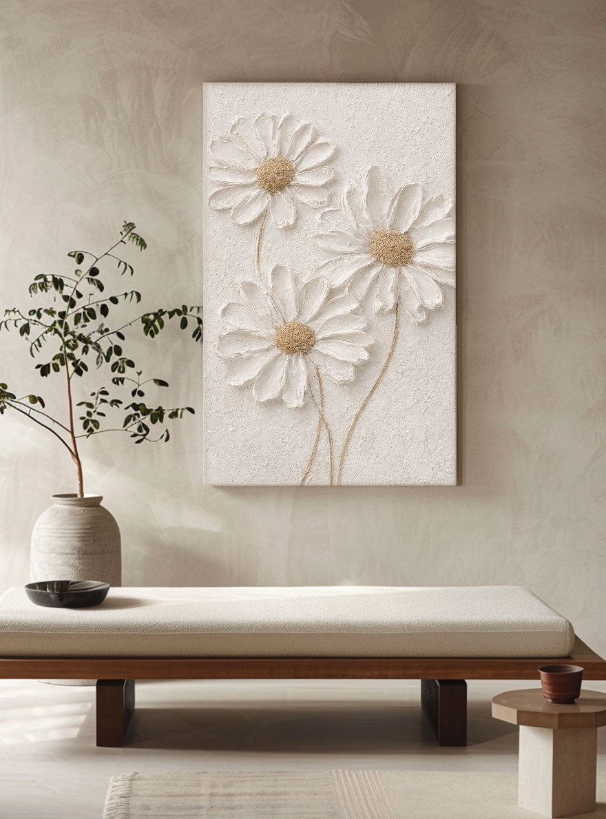 White Daisy 3D Textured Impasto Wall Art, Neutral Beige & White Floral Minimalist Artwork, Modern Farmhouse Plaster-Inspired Living Room Bedroom Decor