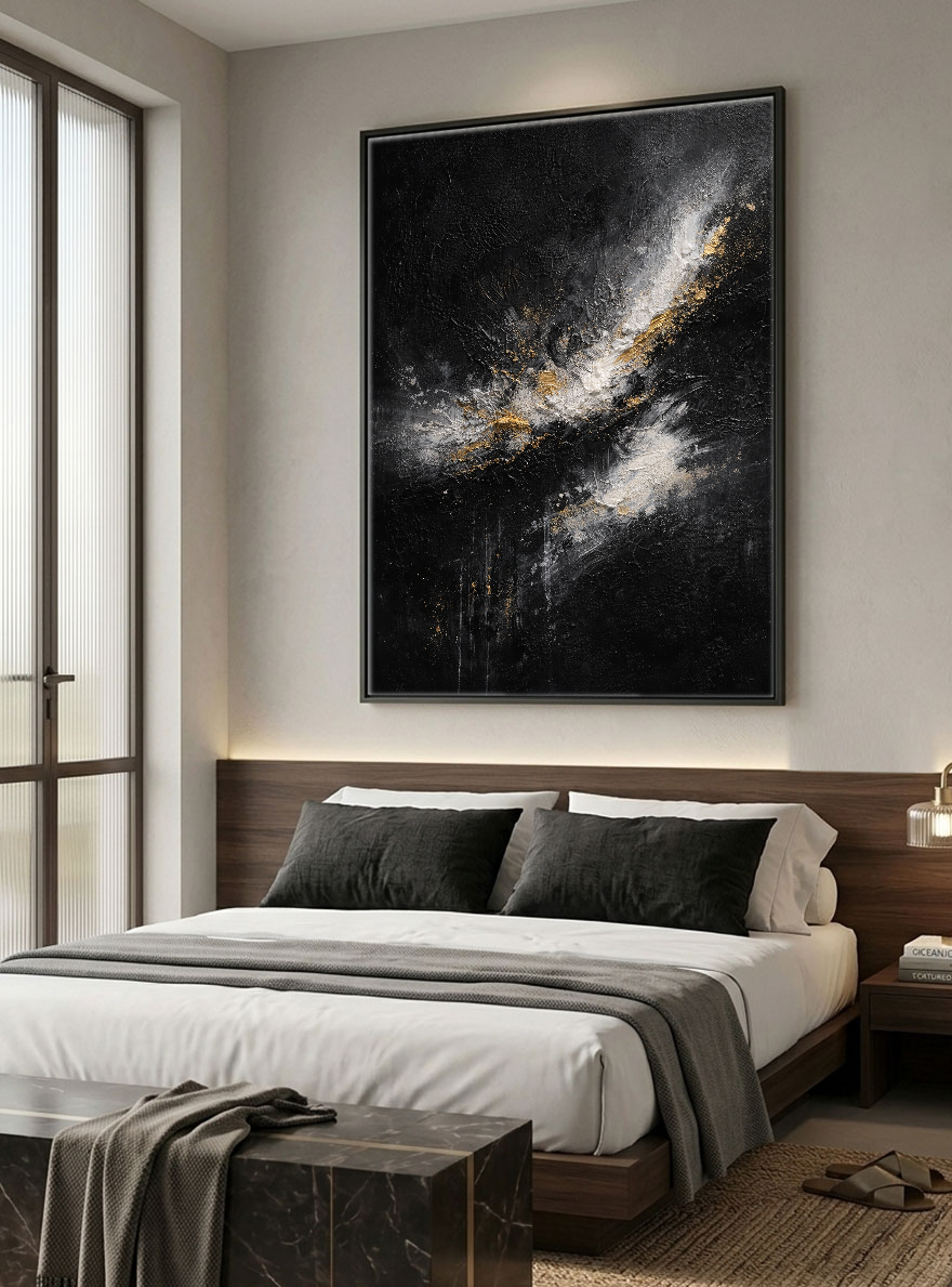Black Gold White Abstract Textured Impasto Wall Art Modern Minimalist Decorative Painting with Thick Knife Brush Strokes for Contemporary Home Living Room Bedroom Office Hallway Dining Room