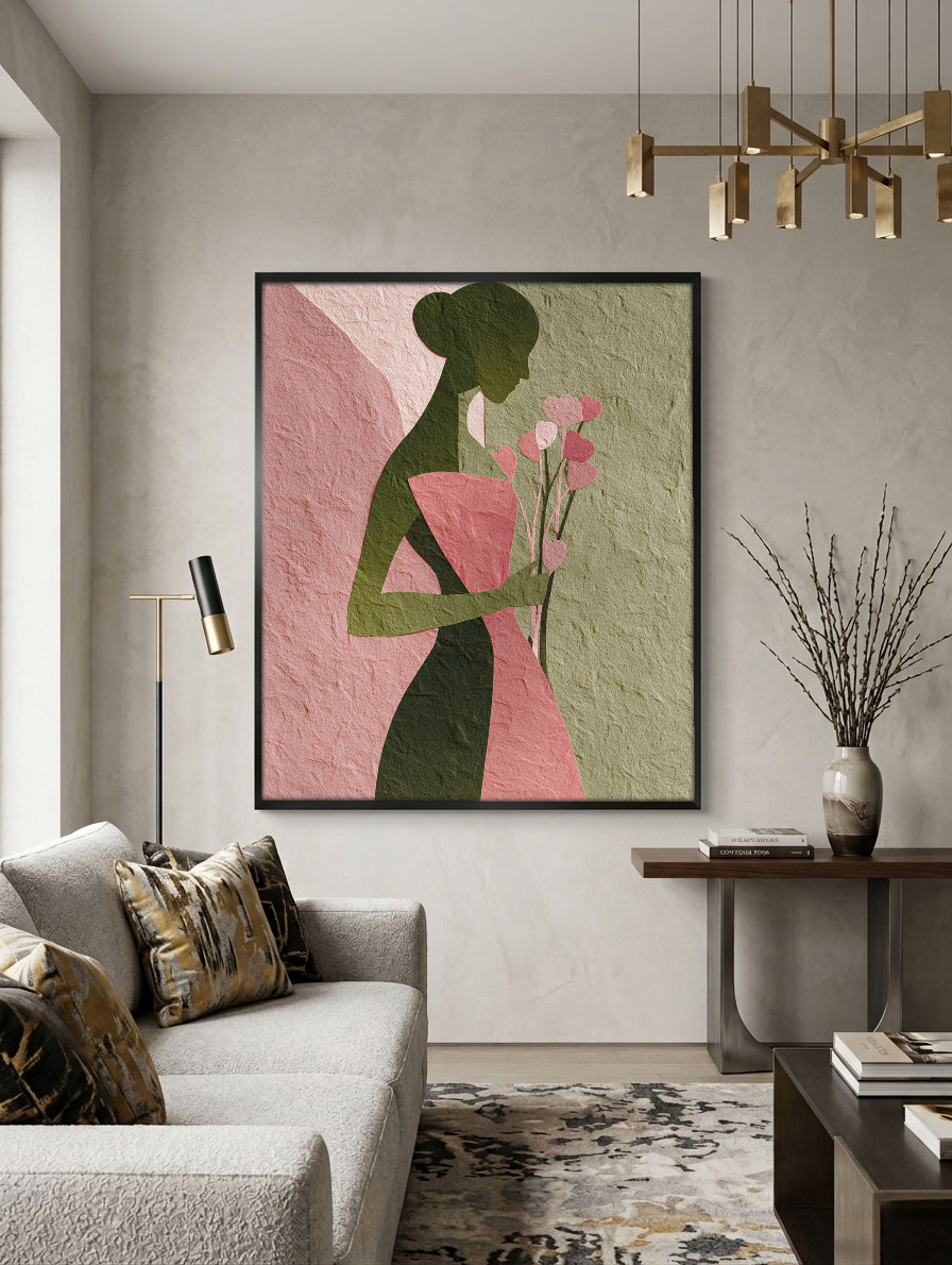 Abstract Minimalist Female Portrait Silhouette with Soft Pink Muted Green Tones, Holding Delicate Heart-Shaped Flower Stems Textured Canvas Print Wall Decor for Modern Home Office Styling