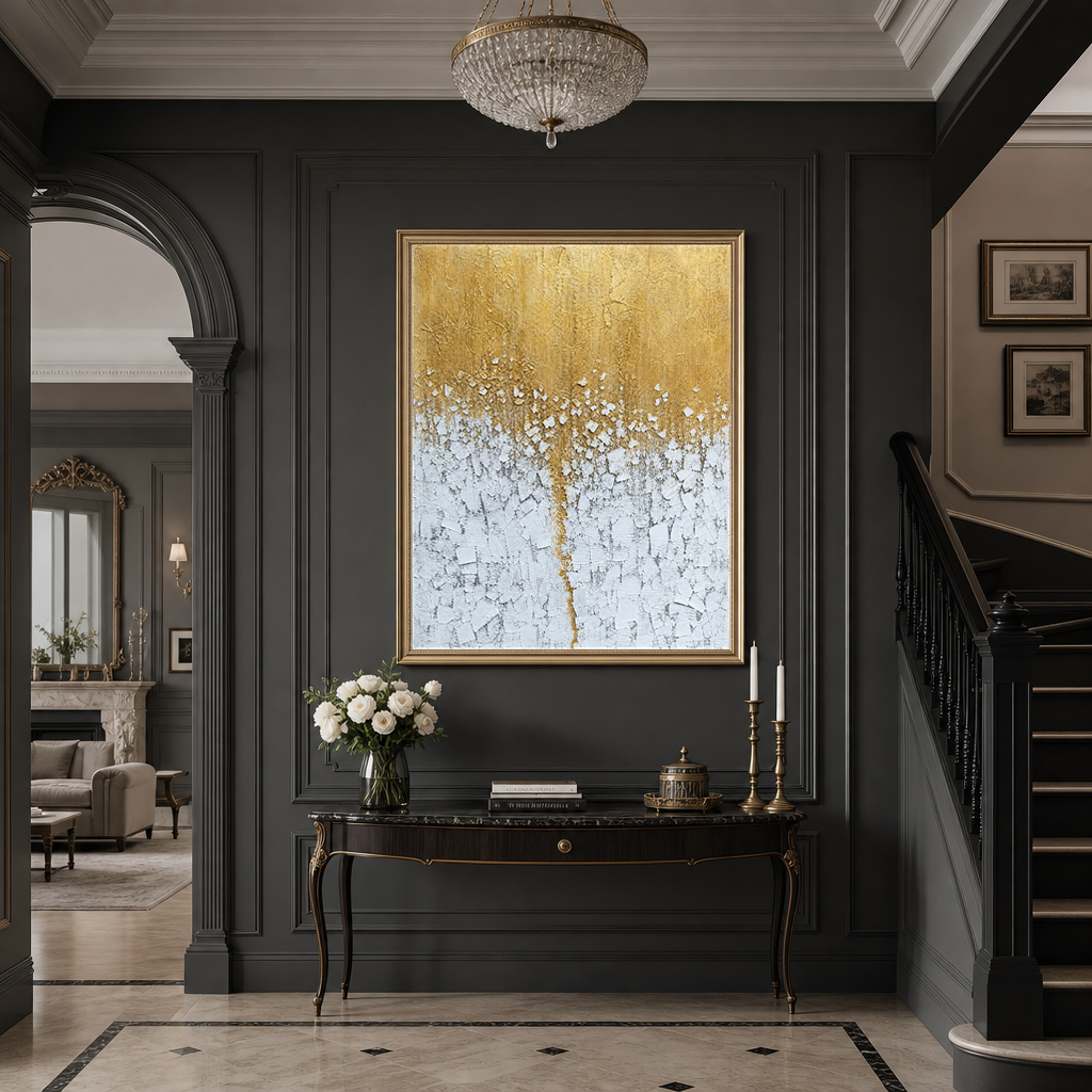 Gold And White Textured Abstract Vertical Wall Art For Living Room