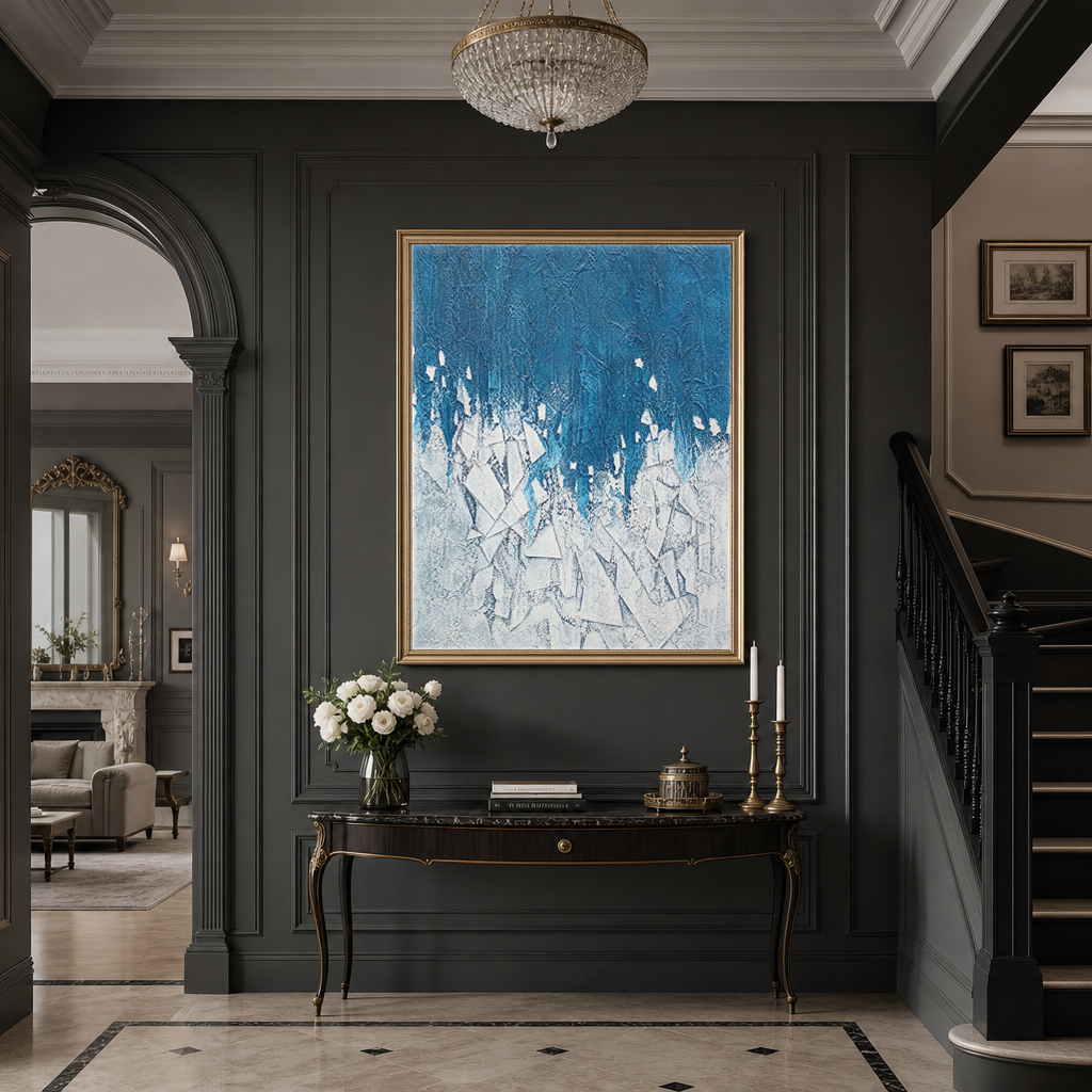 Abstract Geometry And Lines Blue White Textured Plaster-Style Vertical Wall Art For Living Room