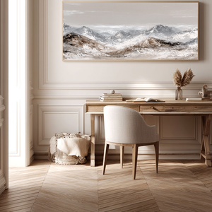 Serene Neutral Toned Mountain Range Stylized Landscape Framed Canvas Wall Art Textured Impasto Style for Modern Minimalist Rustic Home Decor Office Living Room Bedroom Dining Hallway