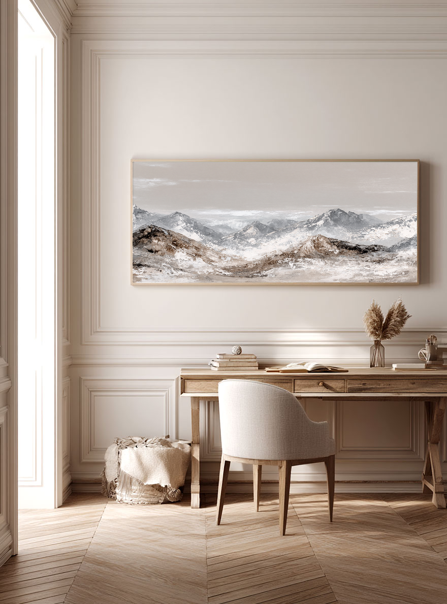 Serene Neutral Toned Mountain Range Stylized Landscape Framed Canvas Wall Art Textured Impasto Style for Modern Minimalist Rustic Home Decor Office Living Room Bedroom Dining Hallway