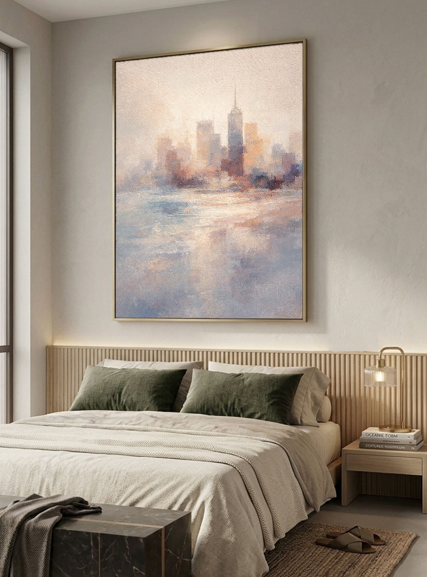 Soft Tonal Impressionist New York City Skyline with Water Reflection Vintage Wall Art for Modern Living, Bedroom, Dining, Office & Hallway Spaces
