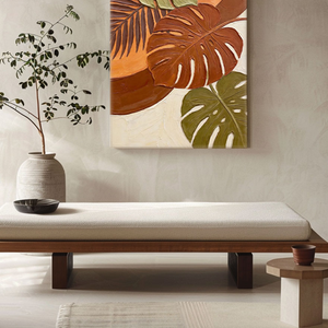 Vibrant Tropical Monstera Palm Leaf Wall Art with Warm Orange Brown Beige Green Tones, Thick Textured Impasto Knife Marks, Modern Botanical Decor for Living Room Bedroom Office Dining Room Hallway