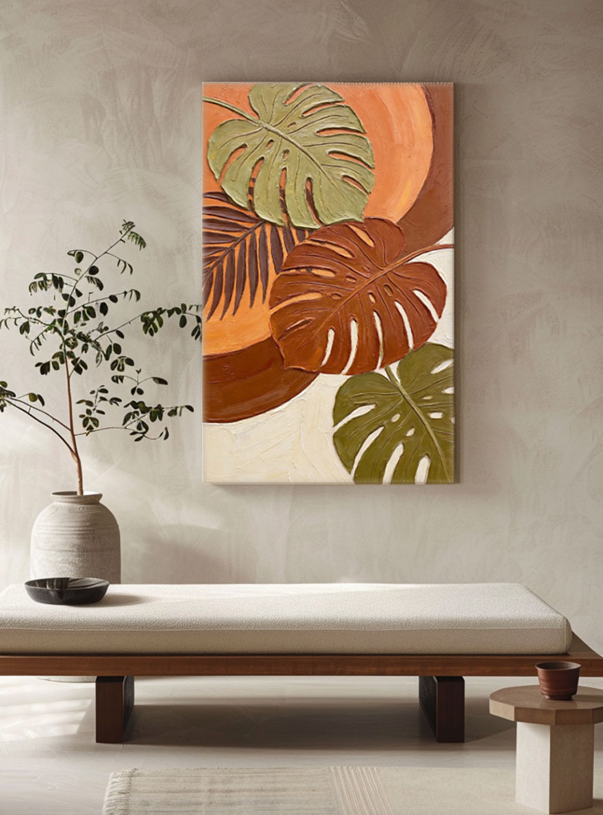Vibrant Tropical Monstera Palm Leaf Wall Art with Warm Orange Brown Beige Green Tones, Thick Textured Impasto Knife Marks, Modern Botanical Decor for Living Room Bedroom Office Dining Room Hallway